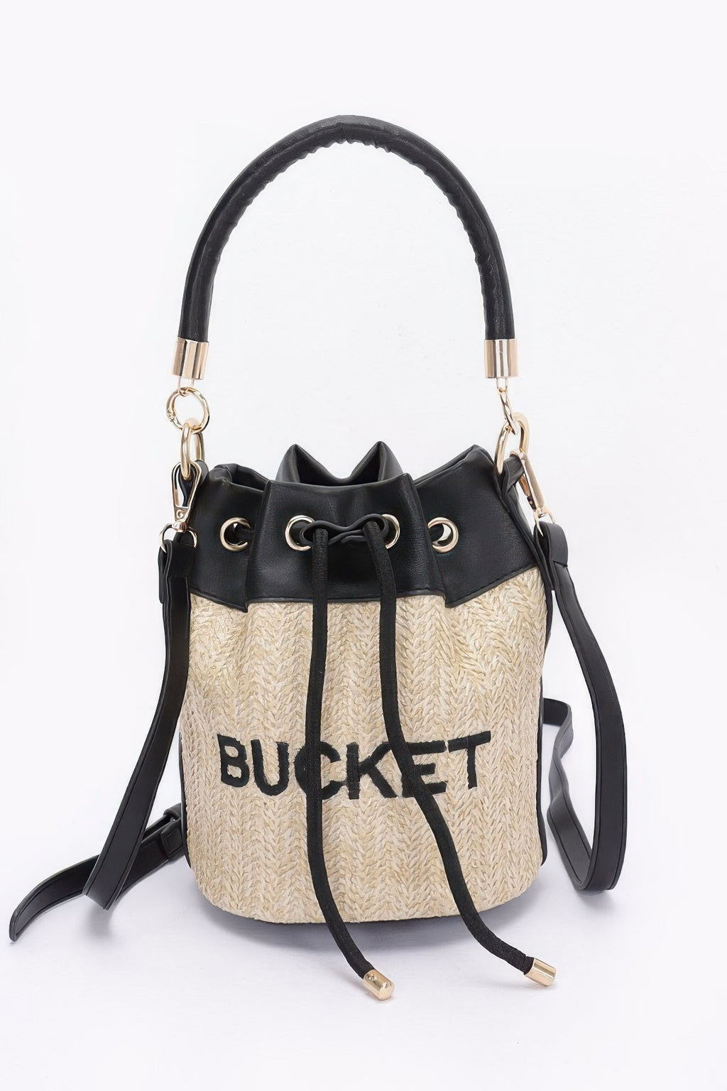 Bucket bag with straw texture and black leather accents on a white background