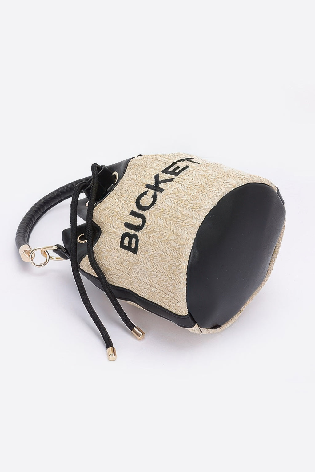 Black and beige drawstring pouch with 'Buckley' branding on a white background bottom view