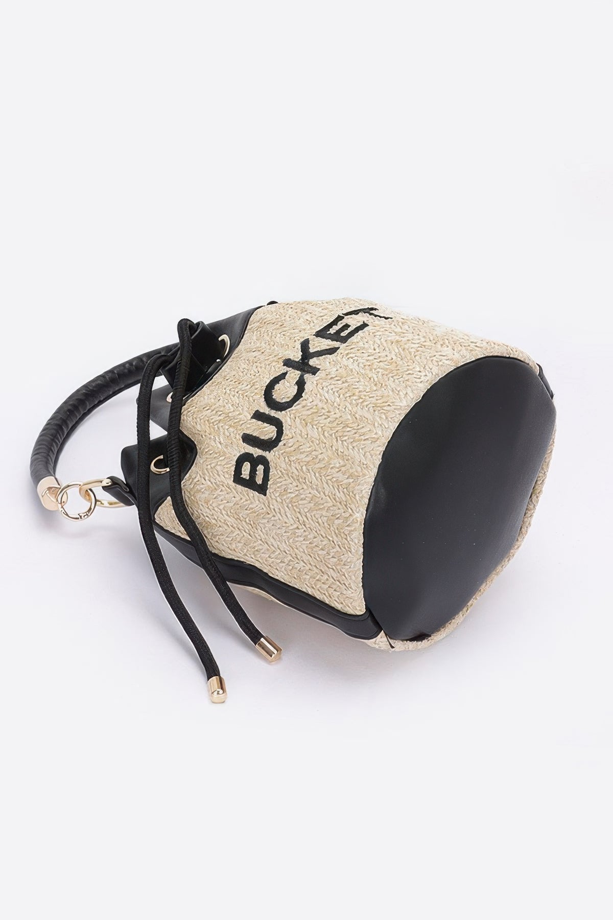 Black and beige drawstring pouch with 'Buckley' branding on a white background bottom view