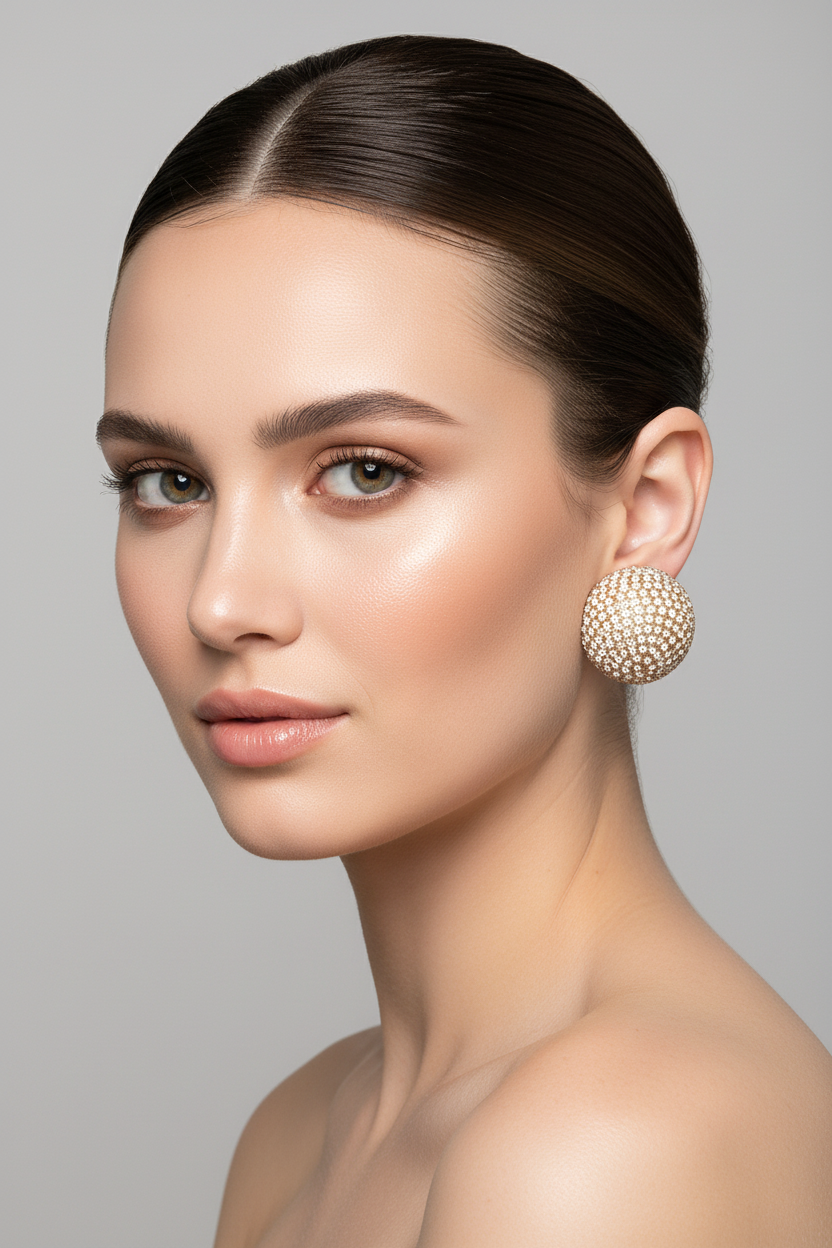 Woman model wearing Sparkling Disco Ball Stud Earrings