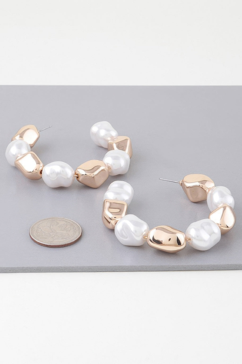 Shiny Pearl & Gold Hoop Earrings close up 