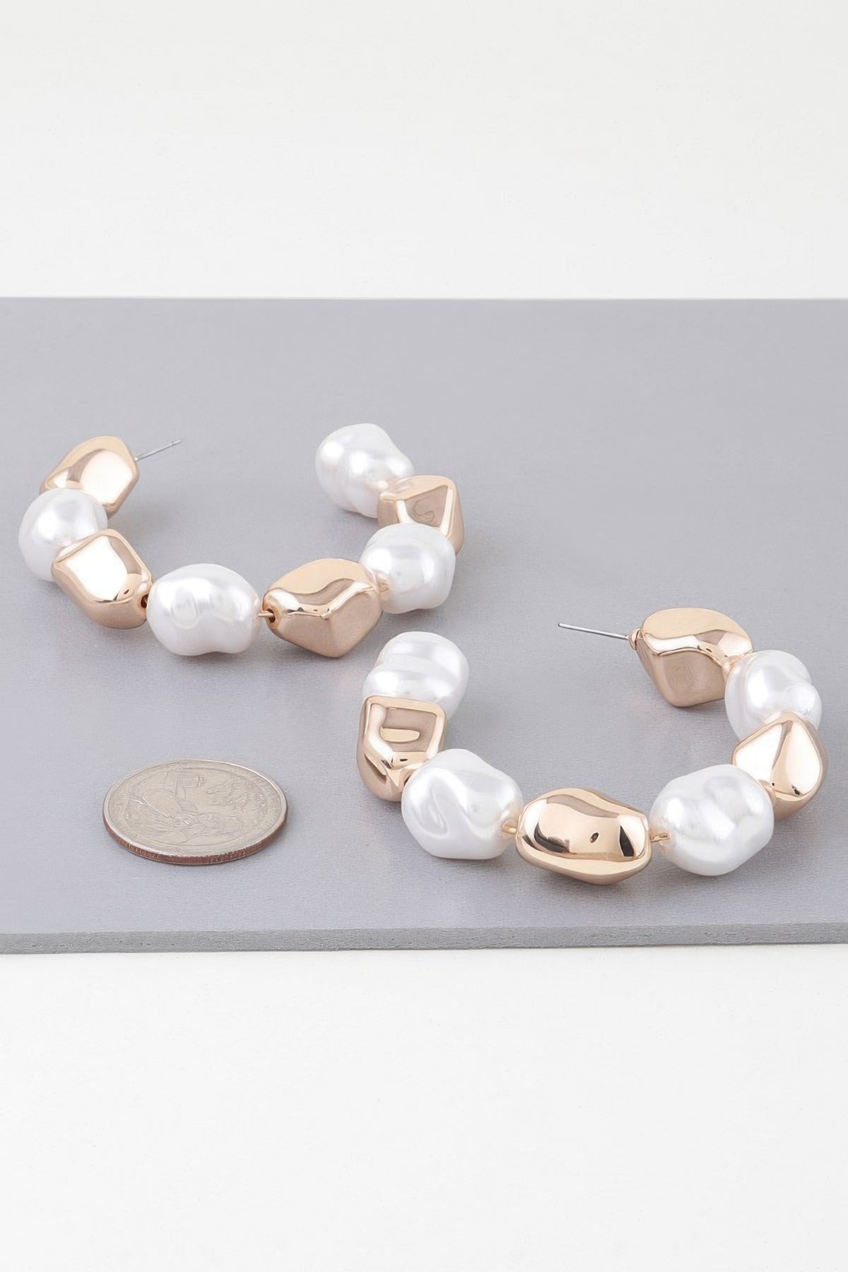 Shiny Pearl & Gold Hoop Earrings close up 
