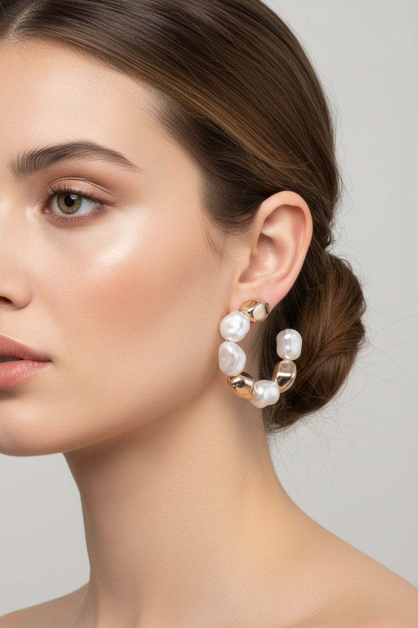 Woman Model wearing Shiny Pearl & Gold Hoop Earrings