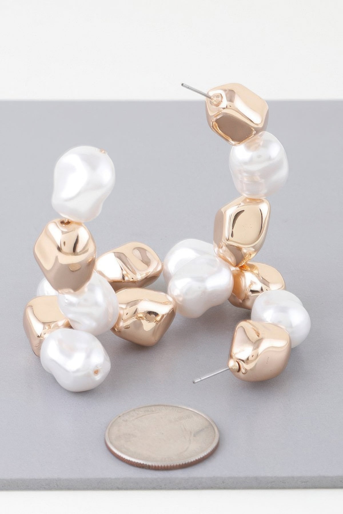Shiny Pearl & Gold Hoop Earrings size comparison 