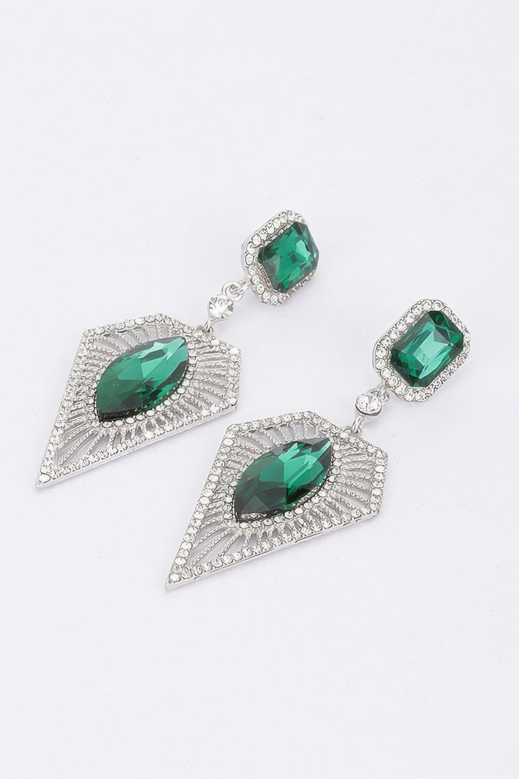 Glamorous green Gemstone Drop Rhinestone Earrings close up