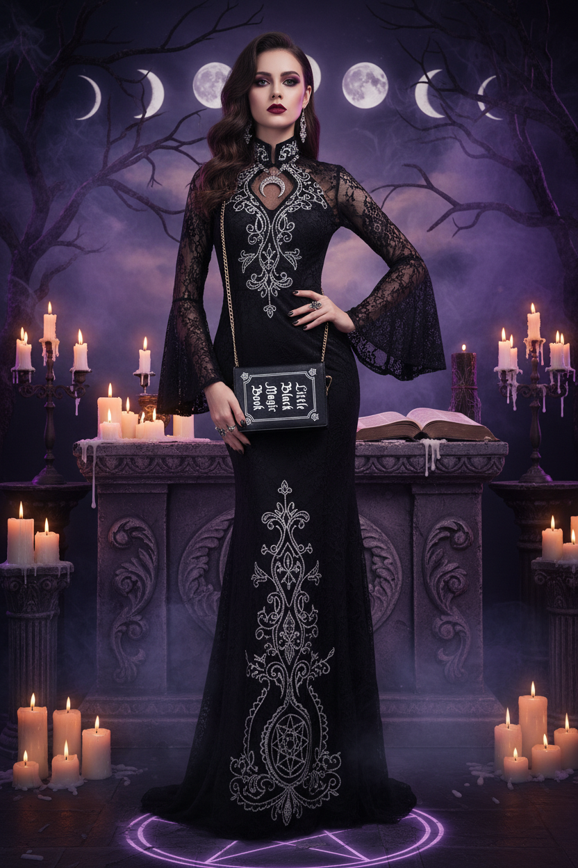 Model with a gothic look holding a clutch bag with "Little Black Magic Book" text