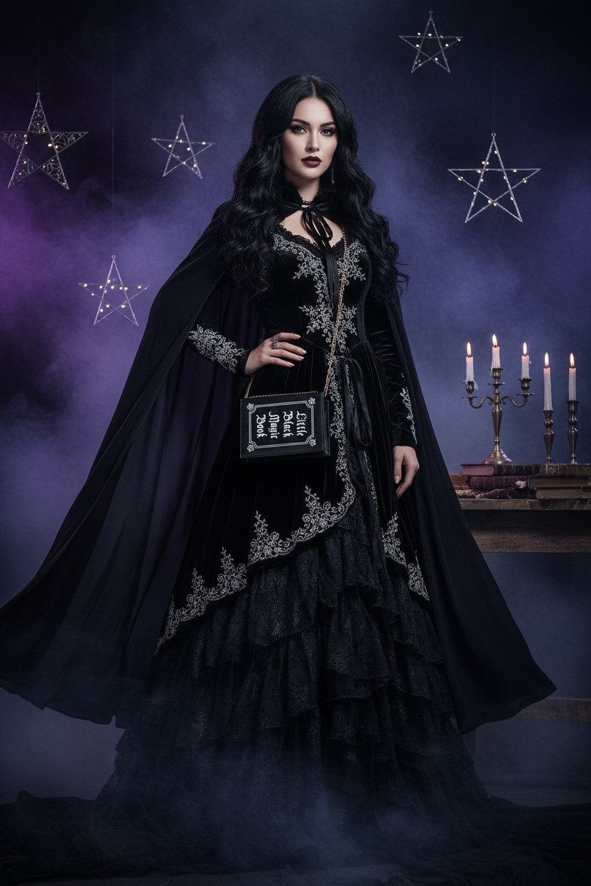 Model with a sorcery look holding a clutch bag with "Little Black Magic Book" text