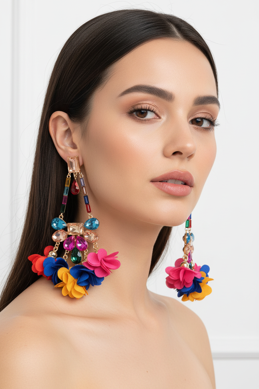 Close up of a woman wearing Radiant multicolor Blossom Party Earrings