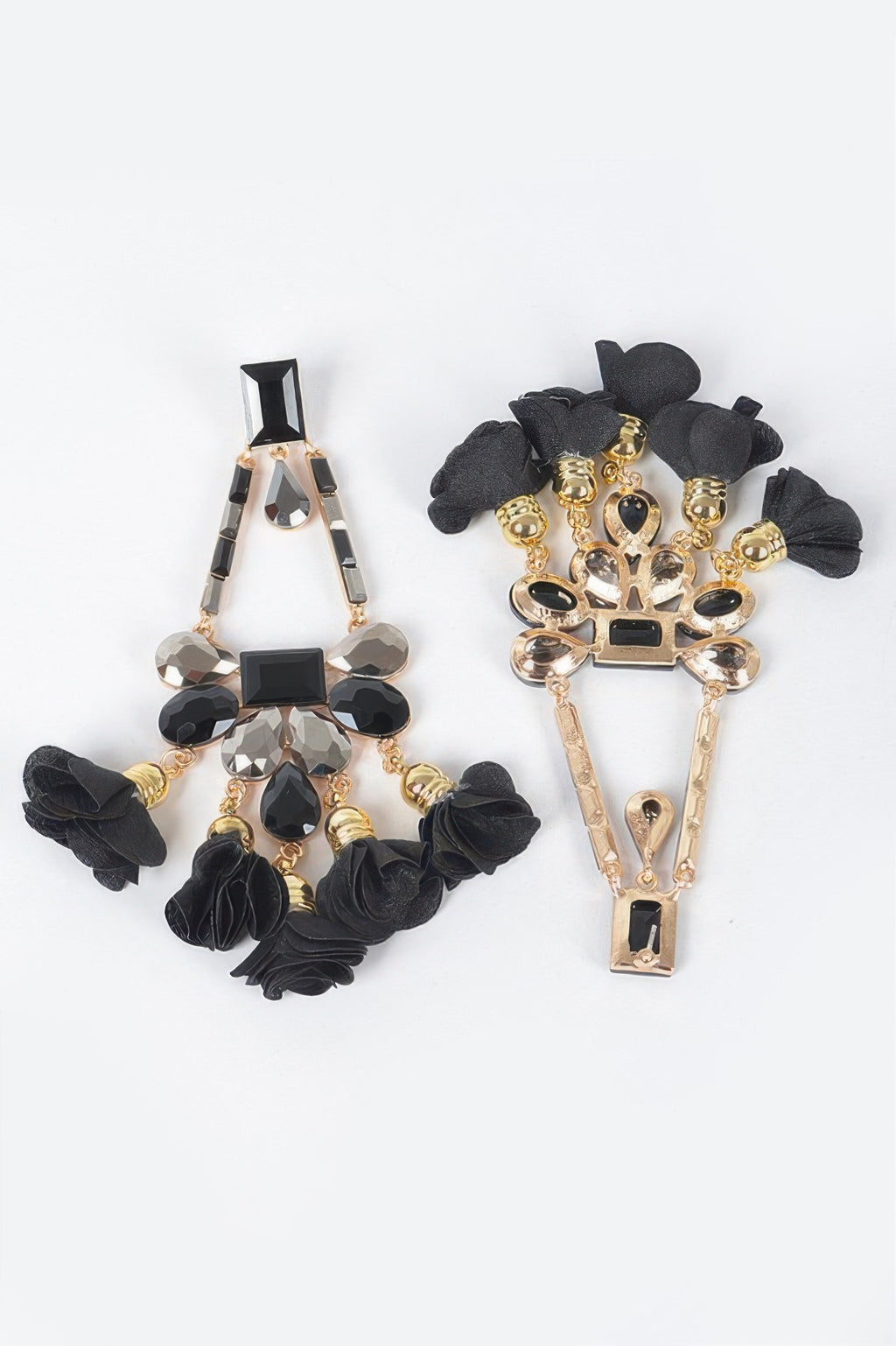 Black Radiant Blossom rhinestone Party dangling Earrings close up