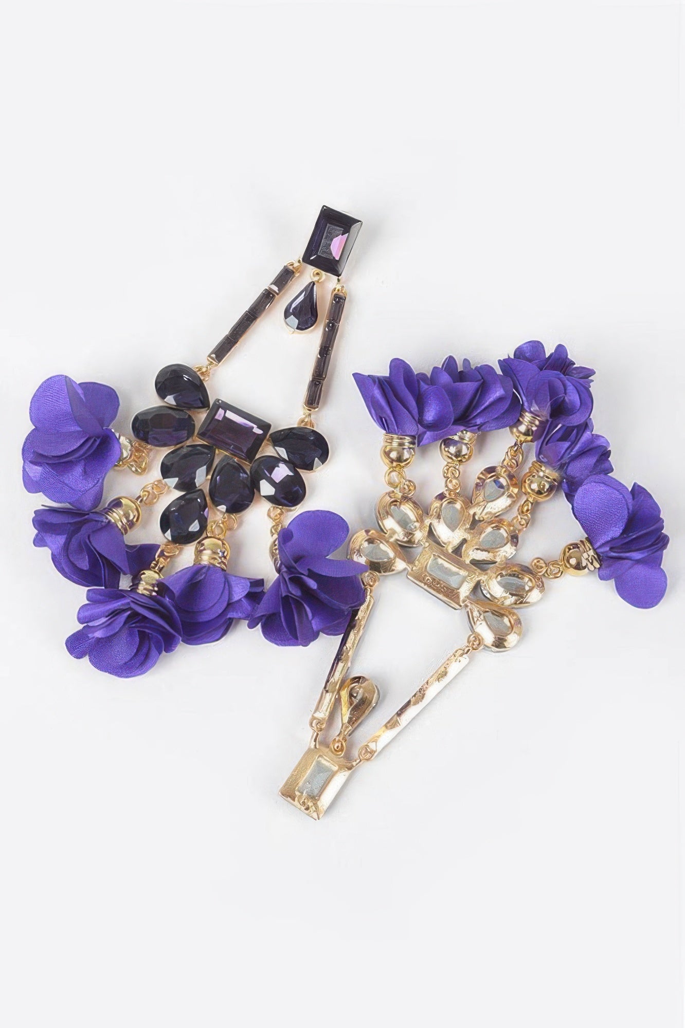 Purple Radiant Blossom rhinestone Party dangling Earrings close up
