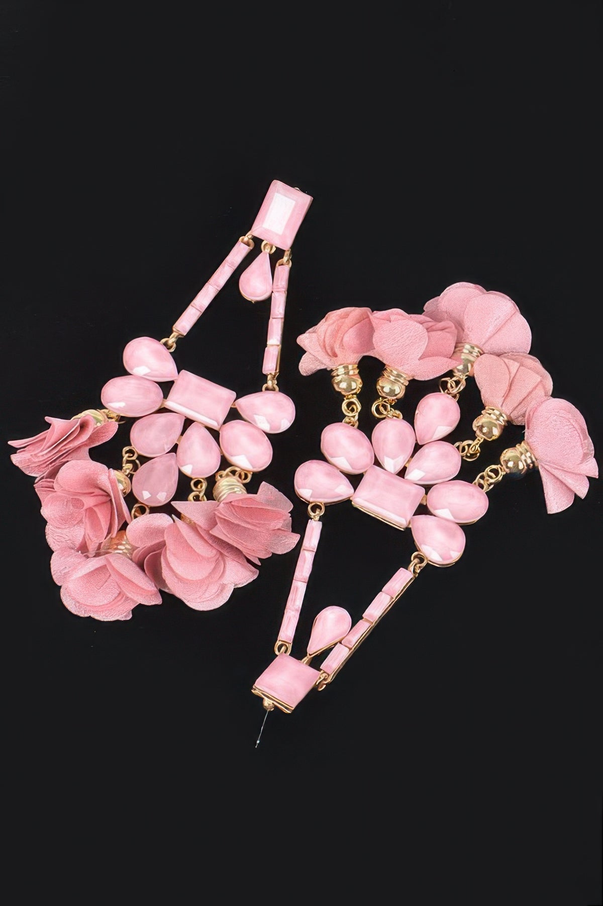 Pink Radiant Blossom rhinestone Party dangling Earrings up close