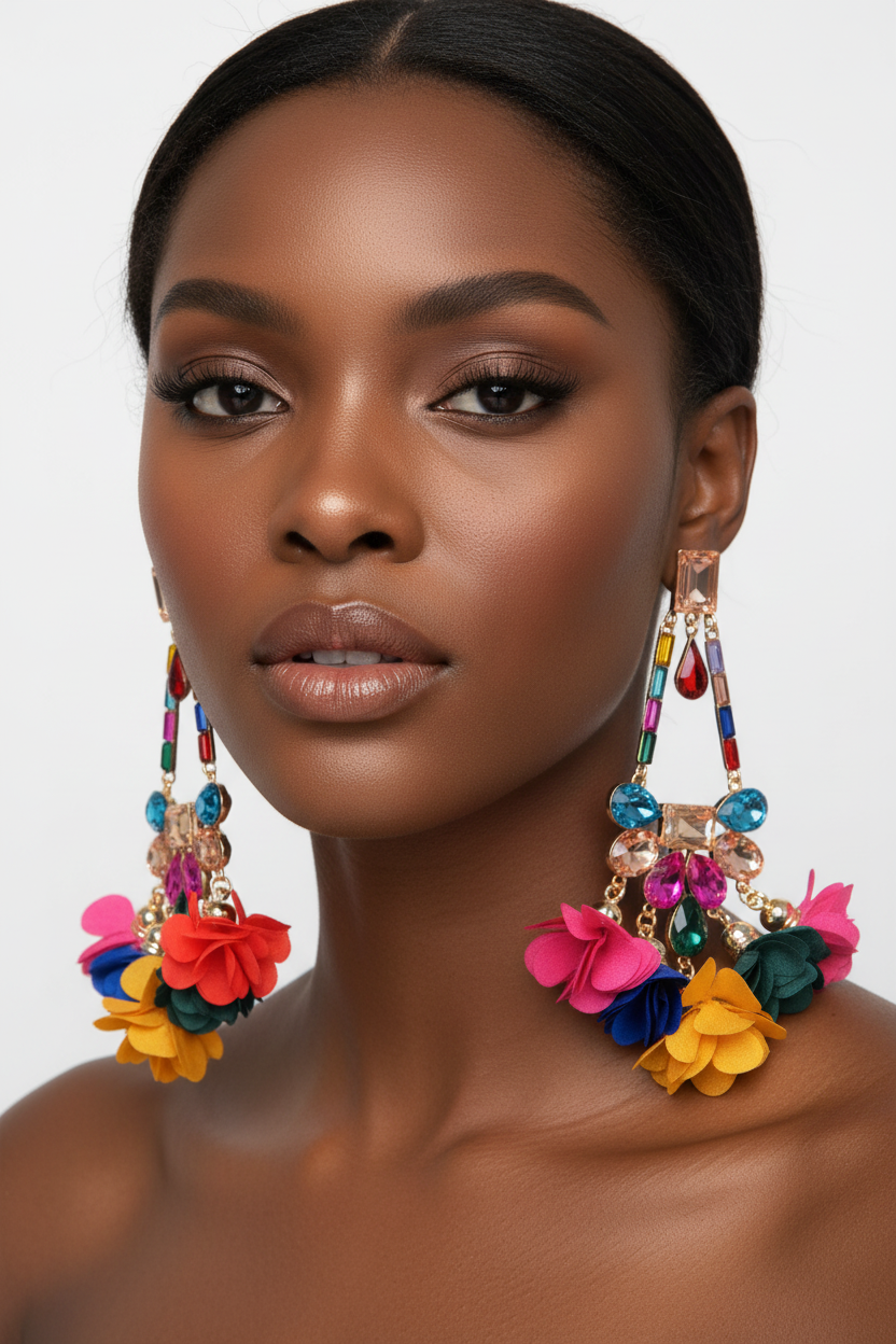 African American woman wearing Radiant multicolor Blossom Party Earrings