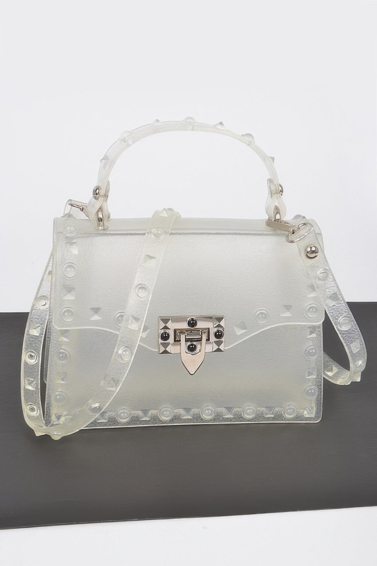 Clear Monotone Studded Faux Leather Clutch
