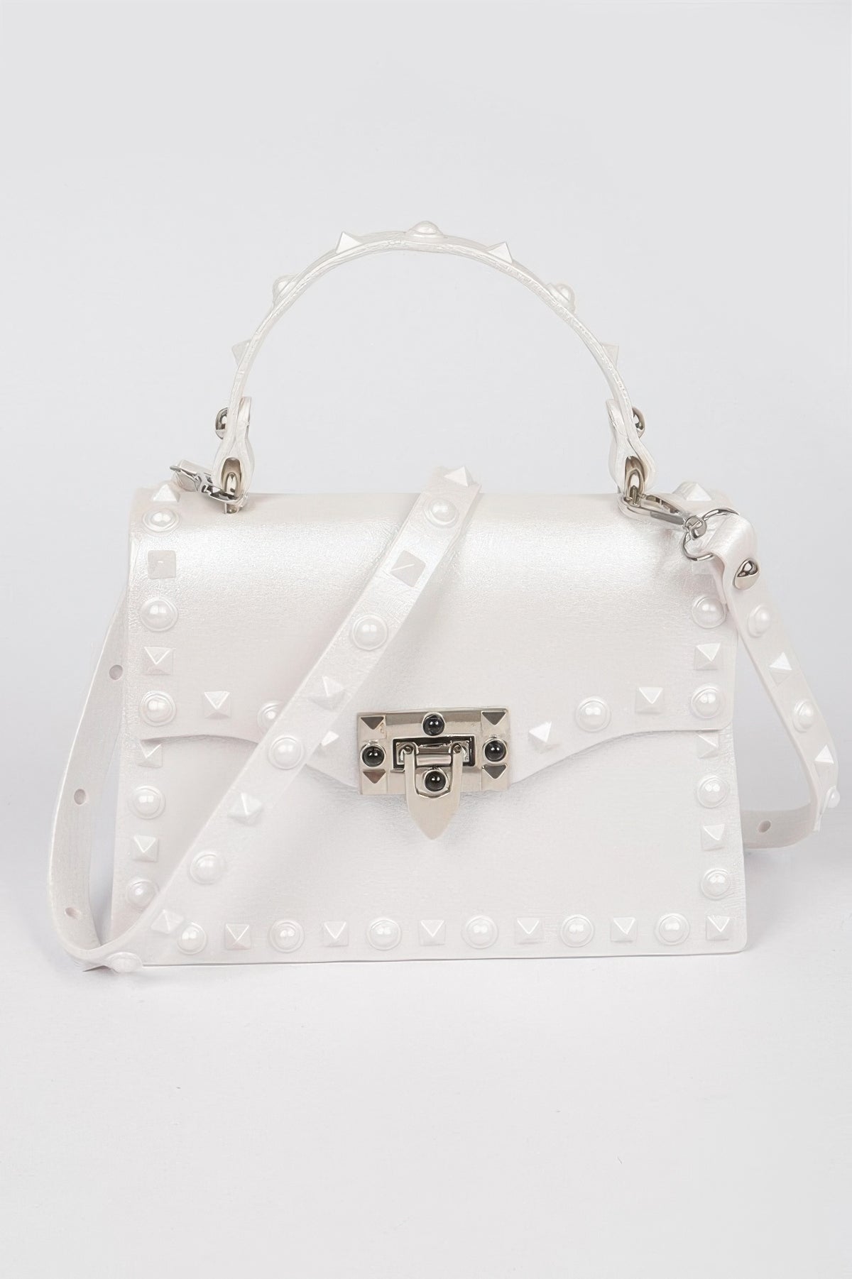 White Monotone Studded Faux Leather Clutch