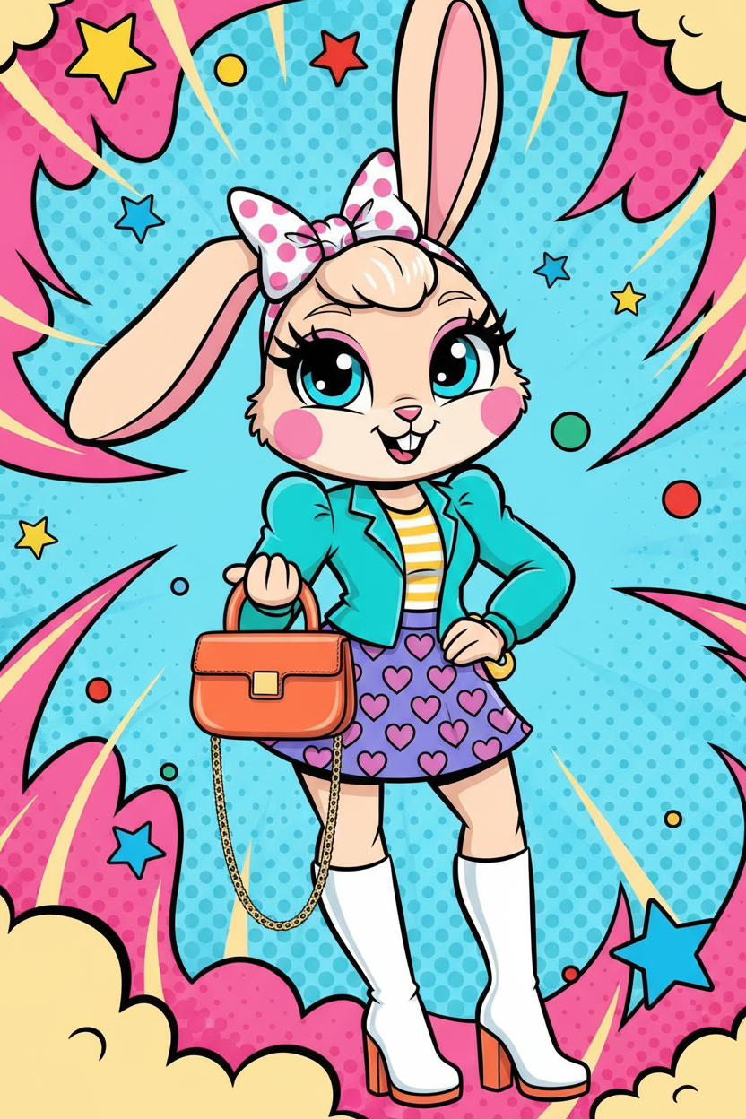 Stylized cartoon rabbit hold a Chic Mini Flap bright orange Crossbody Bag