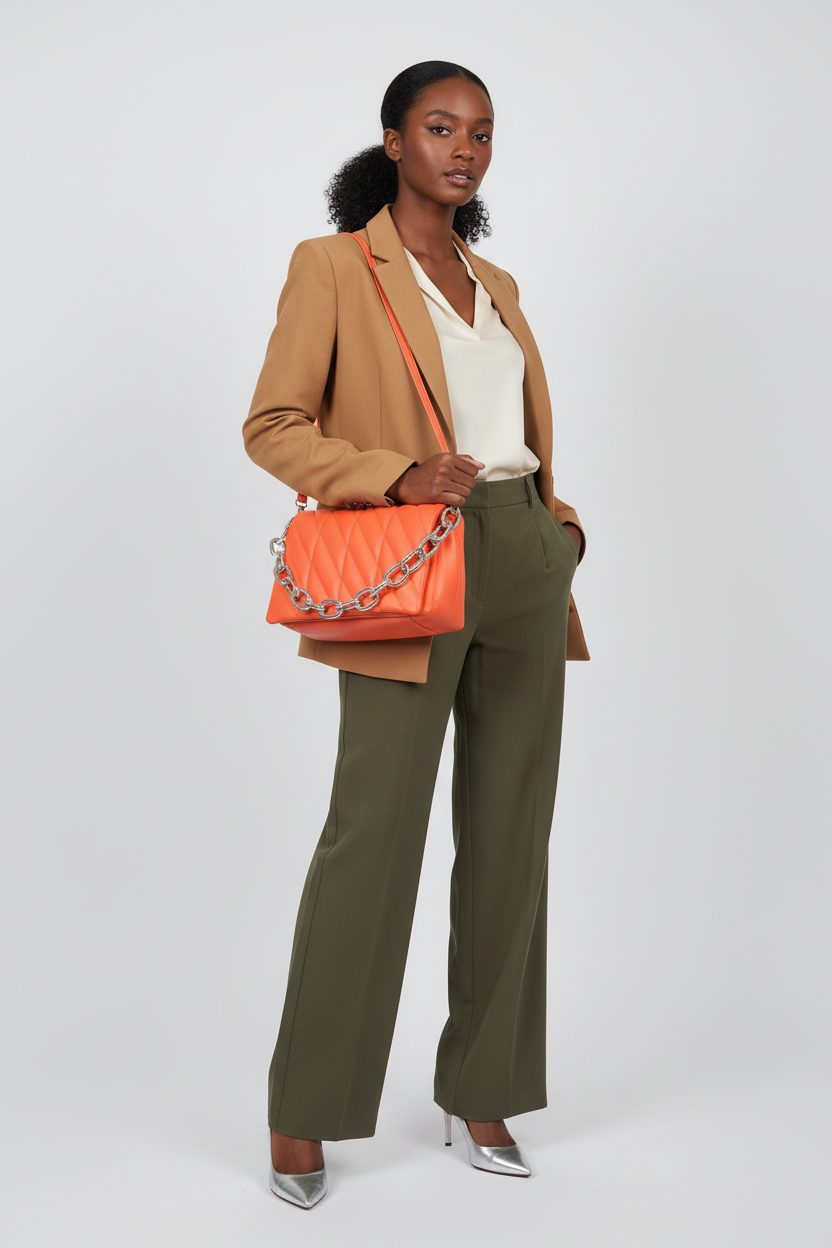 Woman model holding a Vibrant orange Chic Quilted Chain Shoulder Bag