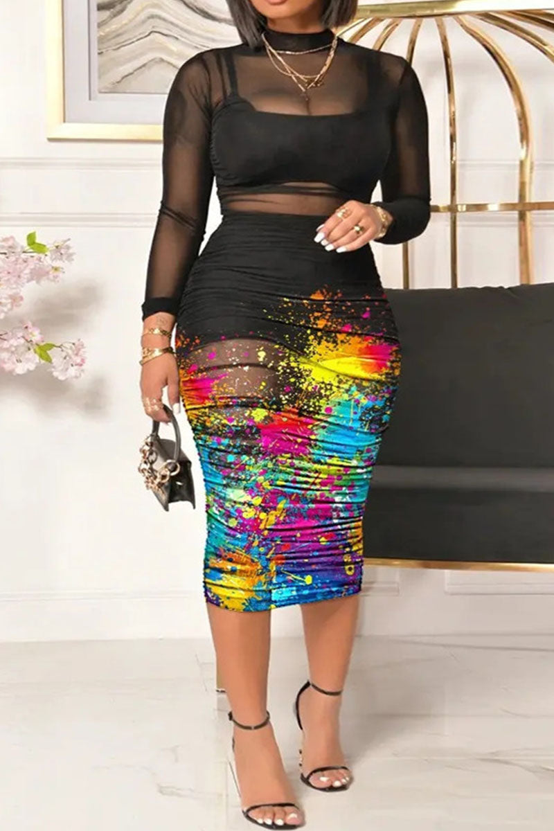 Multi-color/black sexy ladies print patchwork see-through O neck pencil skirt makes a sizzling statement! Show off your curves with this figure-enhancing and fashion-forward skirt that will keep all eyes on you. Perfect for a night out or even a day at the office! Get ready to turn some heads!
