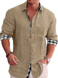 Male model wearing a khaki Casual Linen Plaid-Trim Button Down Shirt