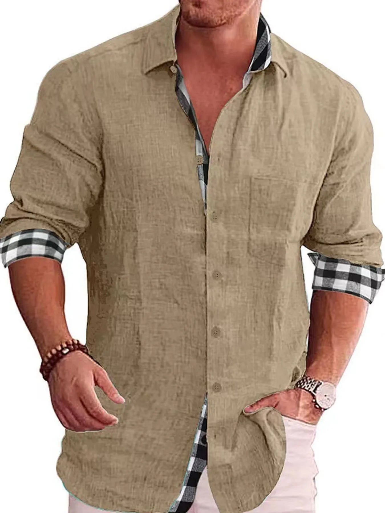 Male model wearing a khaki Casual Linen Plaid-Trim Button Down Shirt