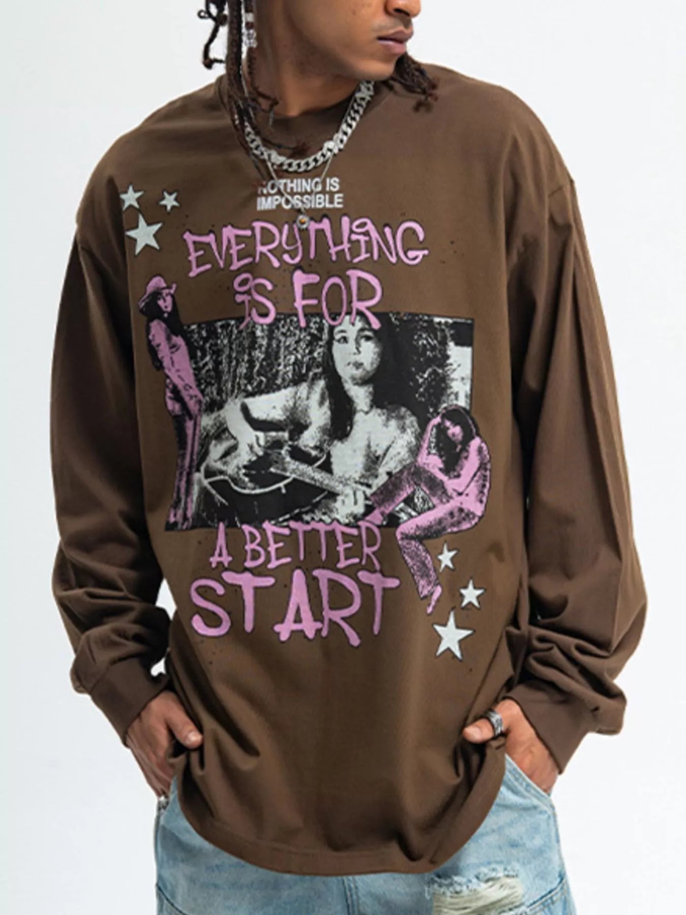 Male model wearing a brown Fierceguy Unisex "Better Start" Graphic Long Sleeve T-Shirt