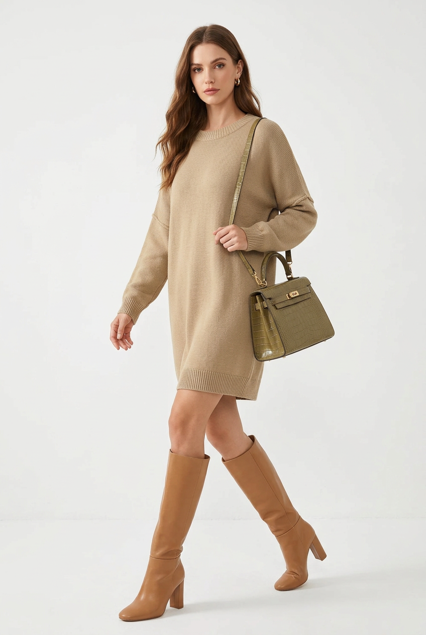 A woman models a Women's Khaki Exposed Seam Mini Sweater Dress, paired with tan knee-high heeled boots and a small olive green handbag.