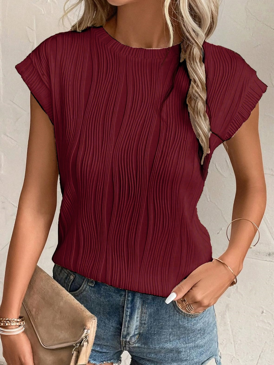 Model wearing Women's Wine Textured Round Neck Cap Sleeve T-Shirt