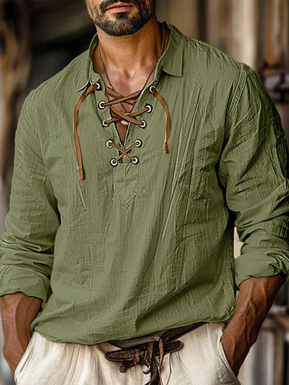 Men's Heritage Lace-Up Henley Long Sleeve Shirt green