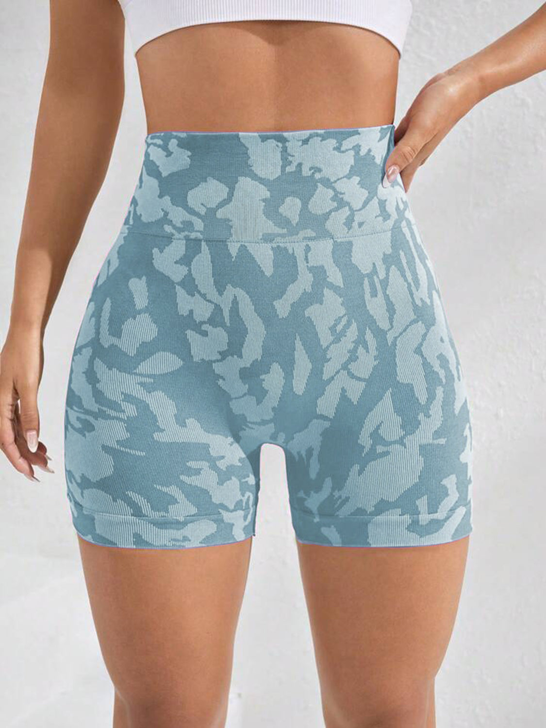 Ladies Teal Slightly Stretch Abstract Printed High Waist Shorts - front view