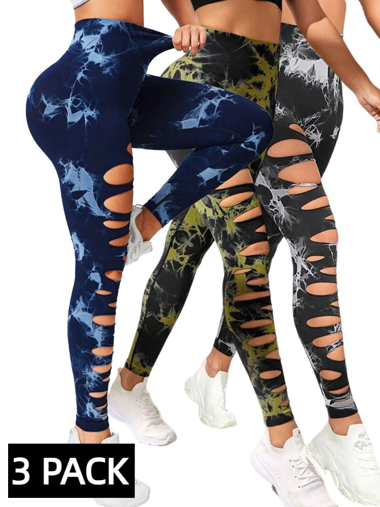 Vortex Vitality: 3-Pack Hollow-Out Tie-Dye Butt-Lifting Leggings