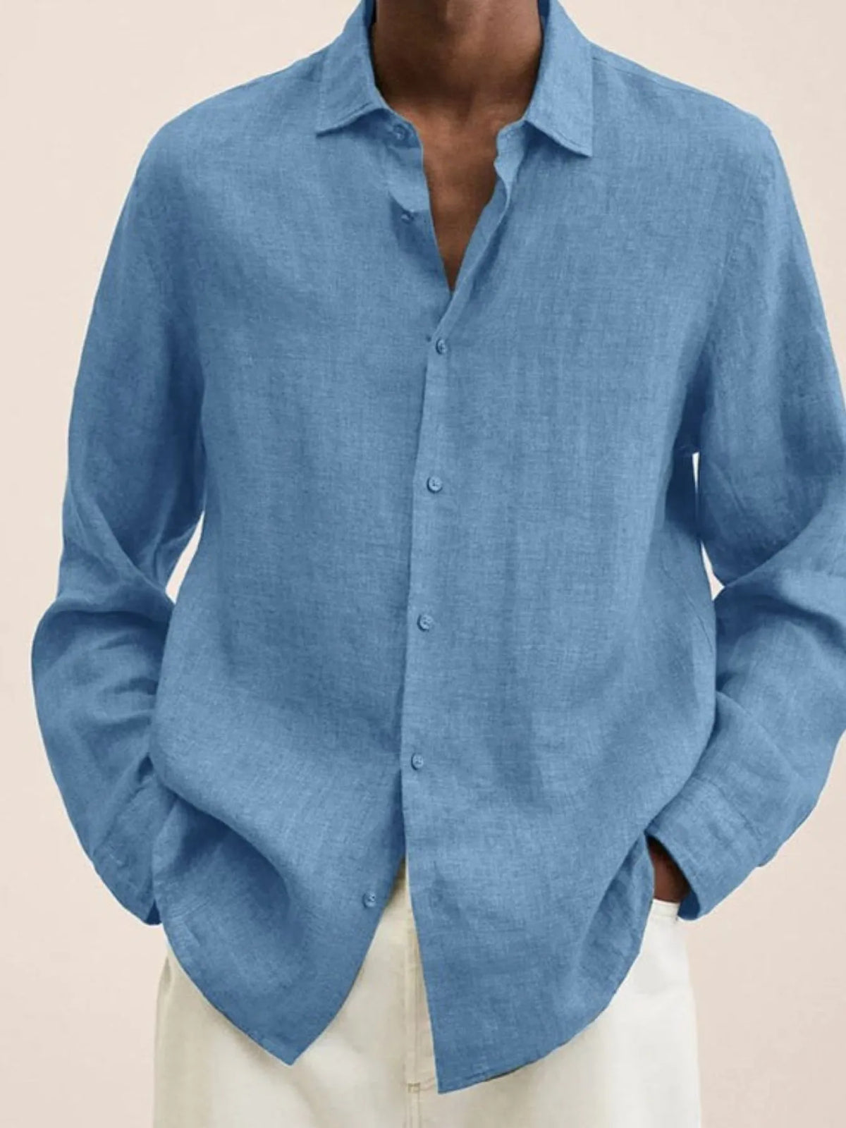  Model wearing a Men's Urban Casual Light blue Button-Down Long Sleeve Shirt 