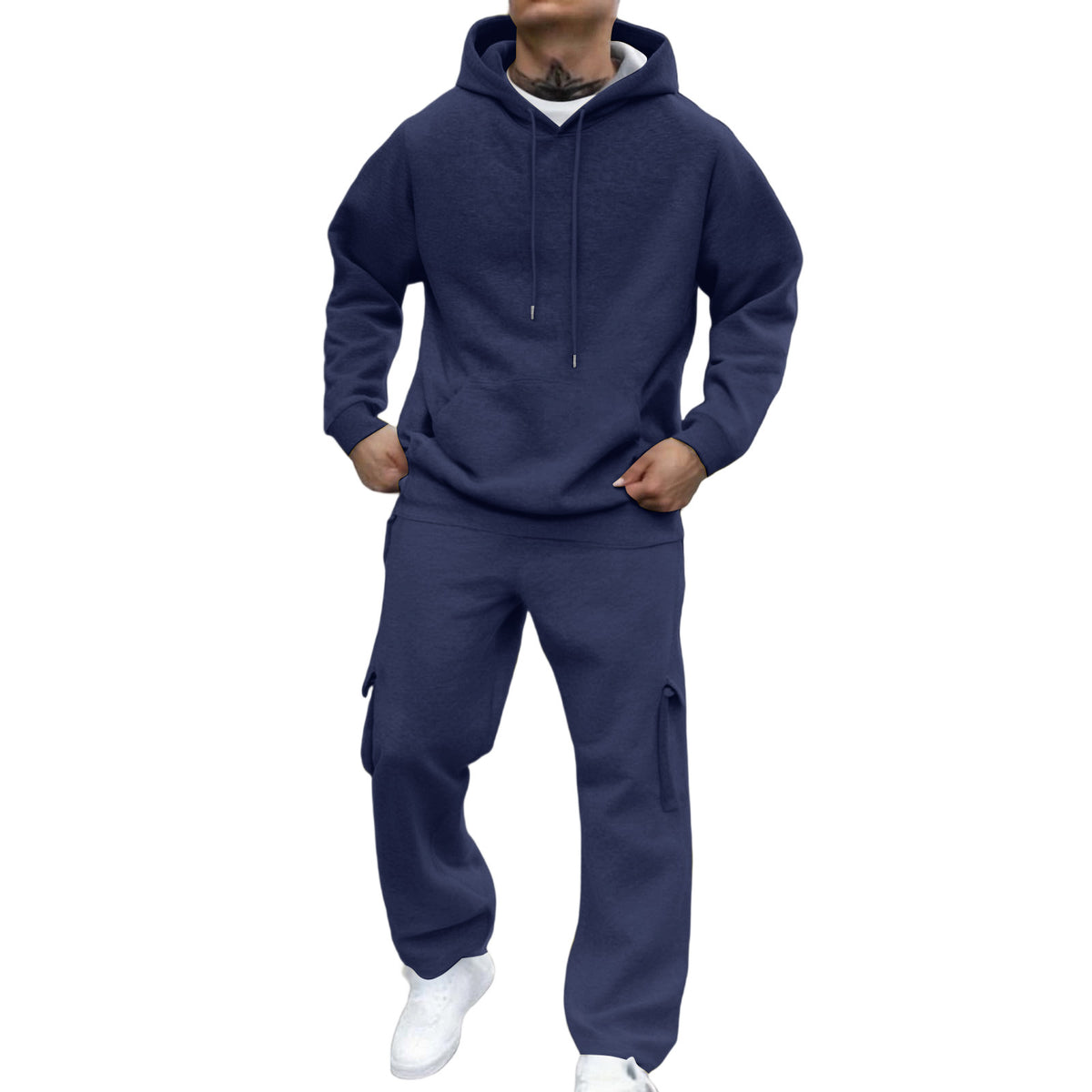 Model wear a Men's Winter Cargo Sweat Suit Set navy blue