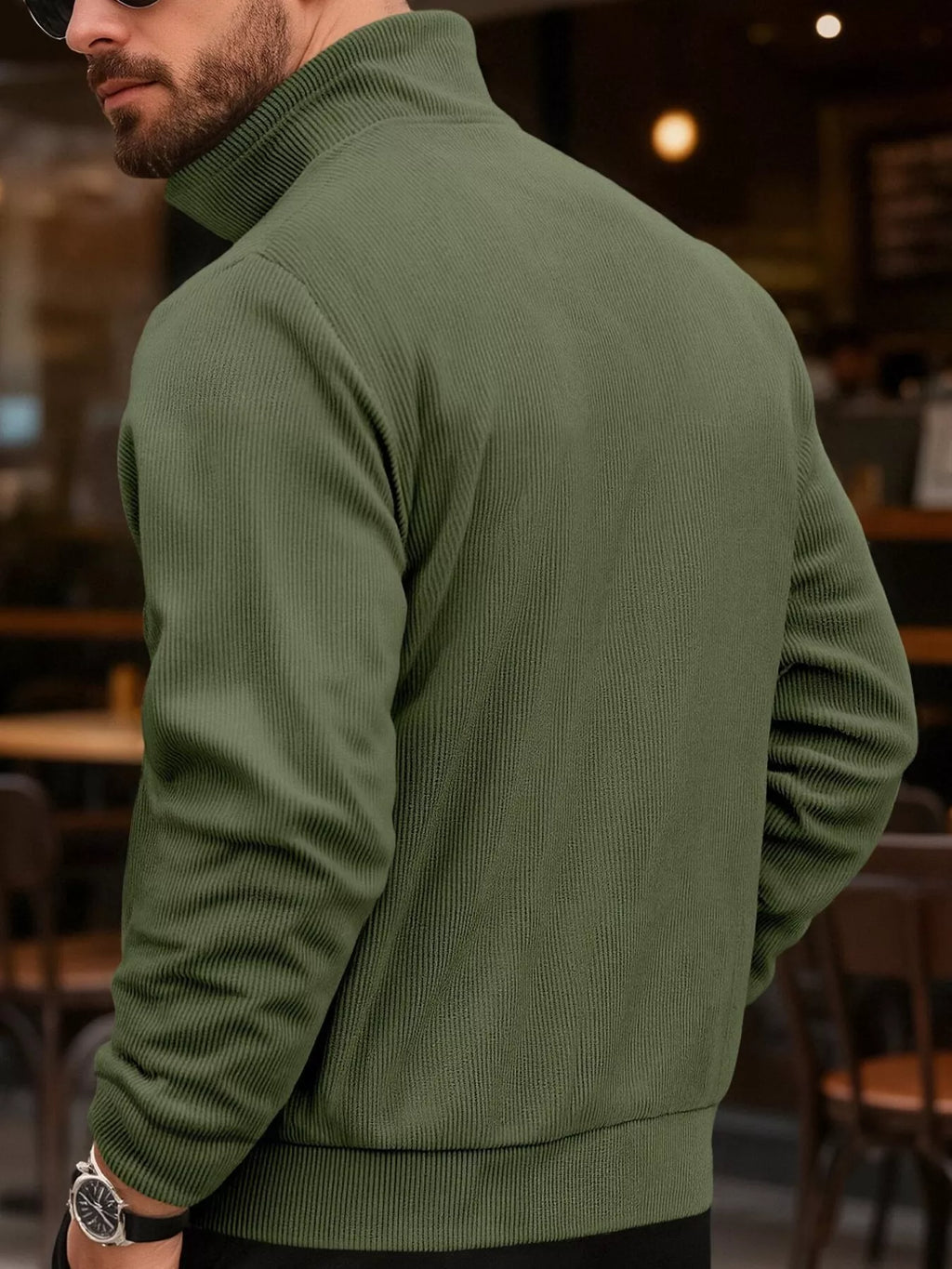 Men's Casual army green Corduroy Chic Button-Down Jacket back view