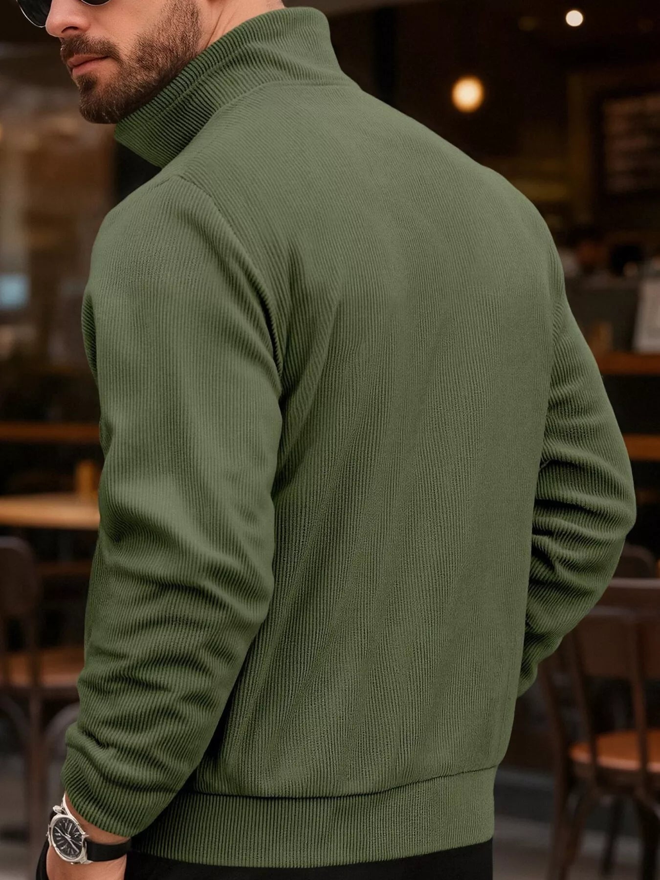 Men's Casual army green Corduroy Chic Button-Down Jacket back view