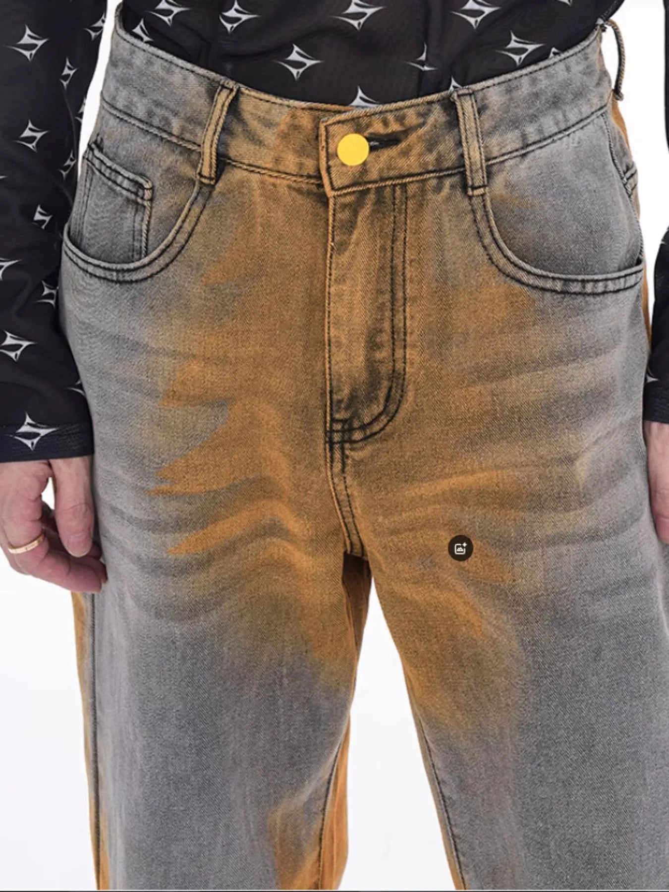 Men's Contrast Wide Leg Flare Whisker Jeans front close up
