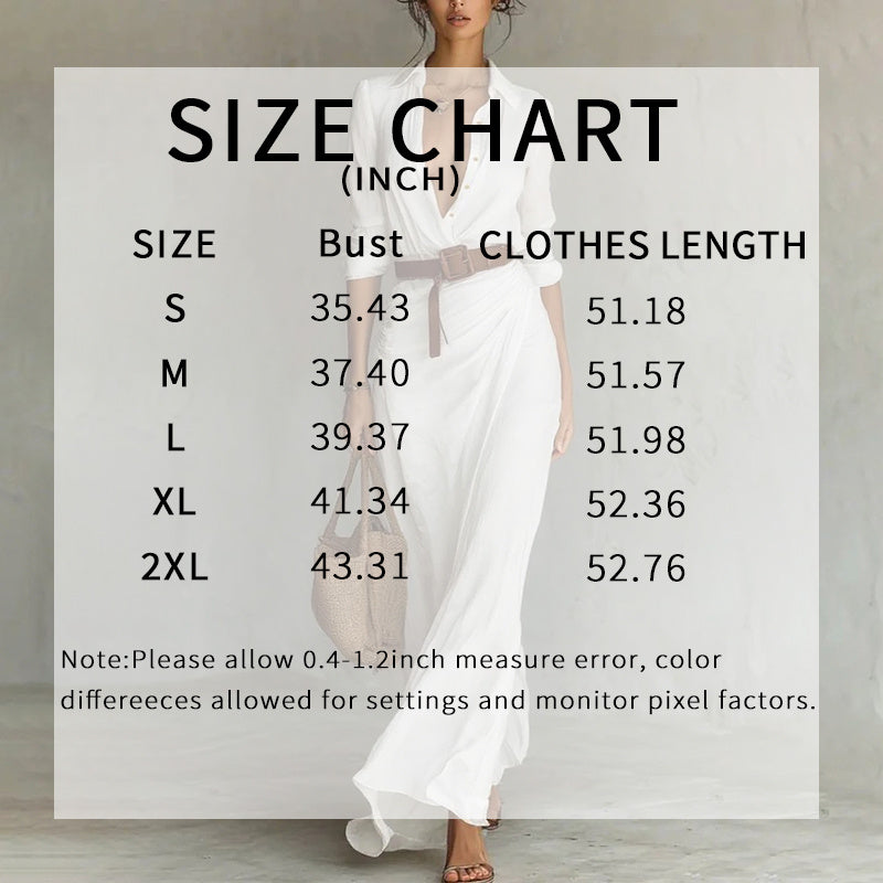 Size chart for a white dress with measurements in inches.