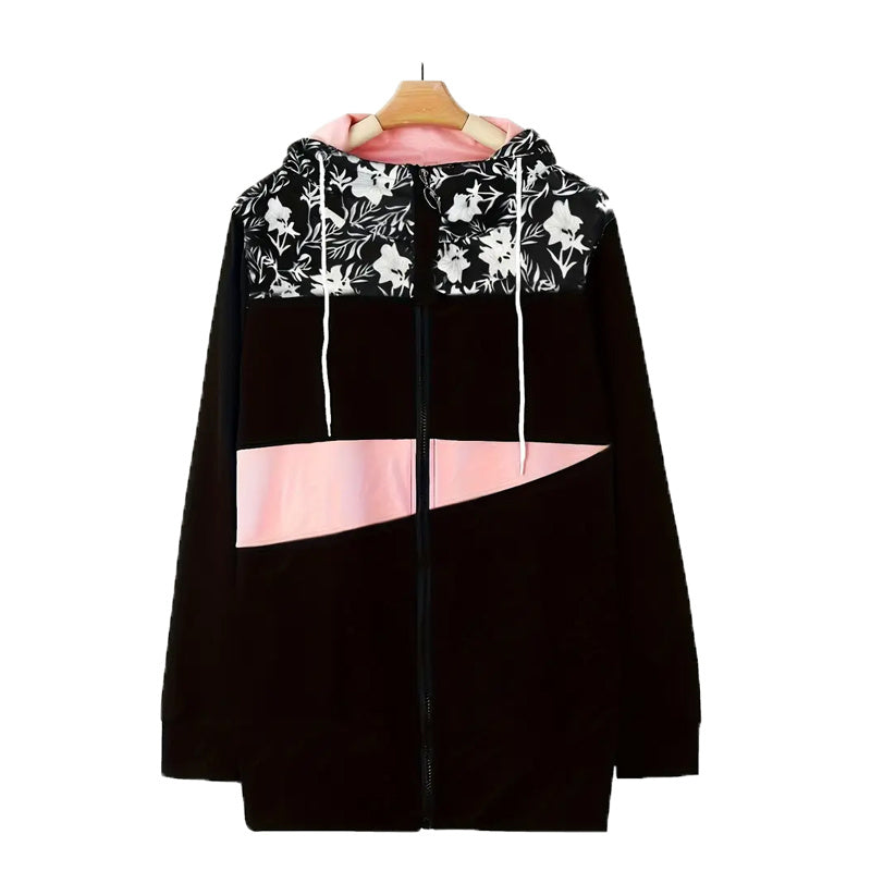 Vibrant Mosaic Mastery: Color-Block Hooded Full-Zip Jacket for Effortless Elegance