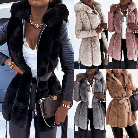 Opulent Fur-Trimmed Elegance: Belted Hooded Zipper Jacket in Luxe Shad