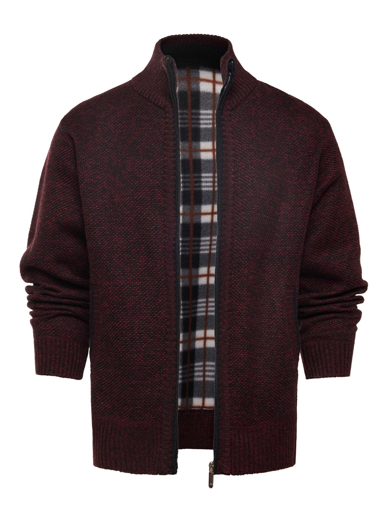 Men's red wine Plaid-Lined Knit Zip Jacket