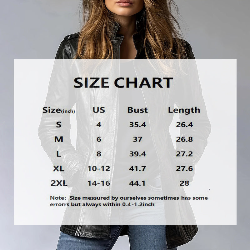 Person wearing a jacket with a size chart overlay on a gray background