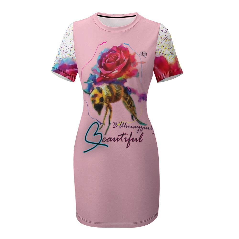 Introducing our Women's Crew Neck Short Sleeve Dress by BUhmayzing. This chic short sleeve dress features a convenient slip-on design for easy wear. Made with stretchy material, it fits your figure perfectly, creating an alluring silhouette