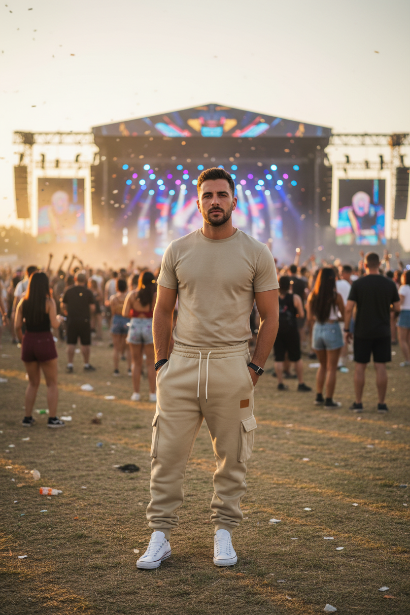 Male model at  music festival wearing Men's Drawstring Street Wear Jogger Pants 