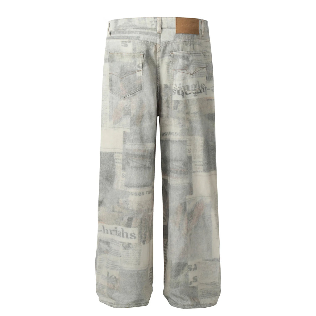 Men's Vintage Newspaper Print Wide Leg Baggy Jeans back