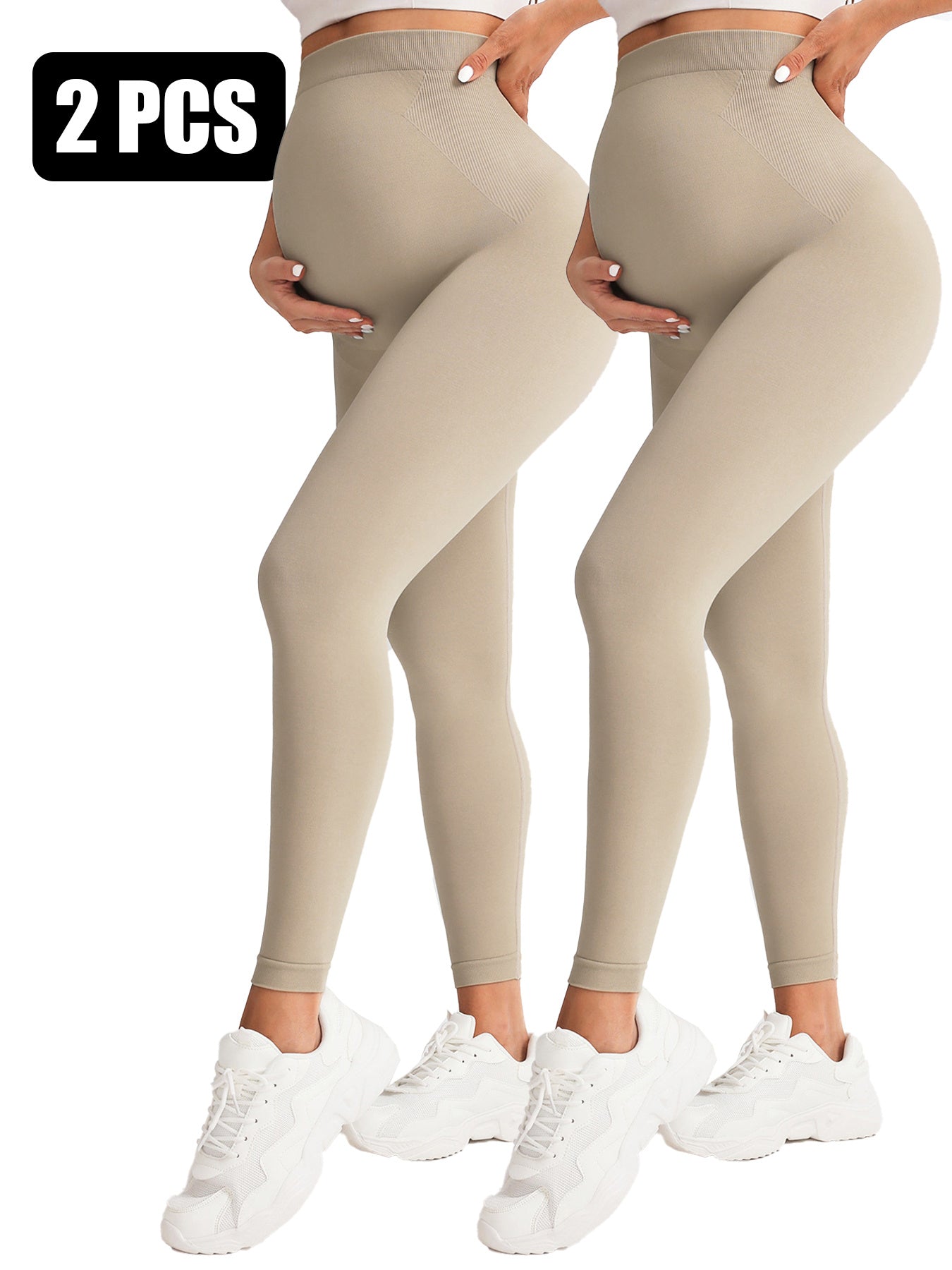 Two pairs of beige leggings worn by models on a white background with '2 PCS' text.