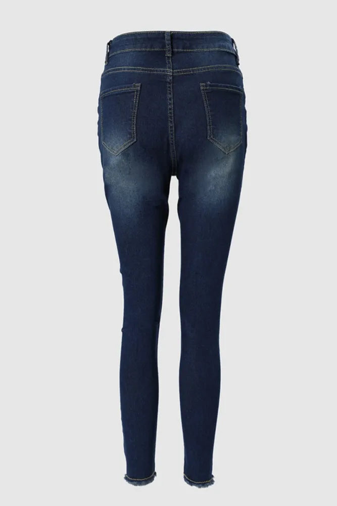 Women's Stylish Deep Blue Patchwork Zipper Skinny Jeans