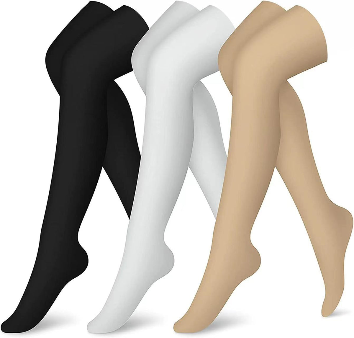 Black, white, and beige tights on a white background