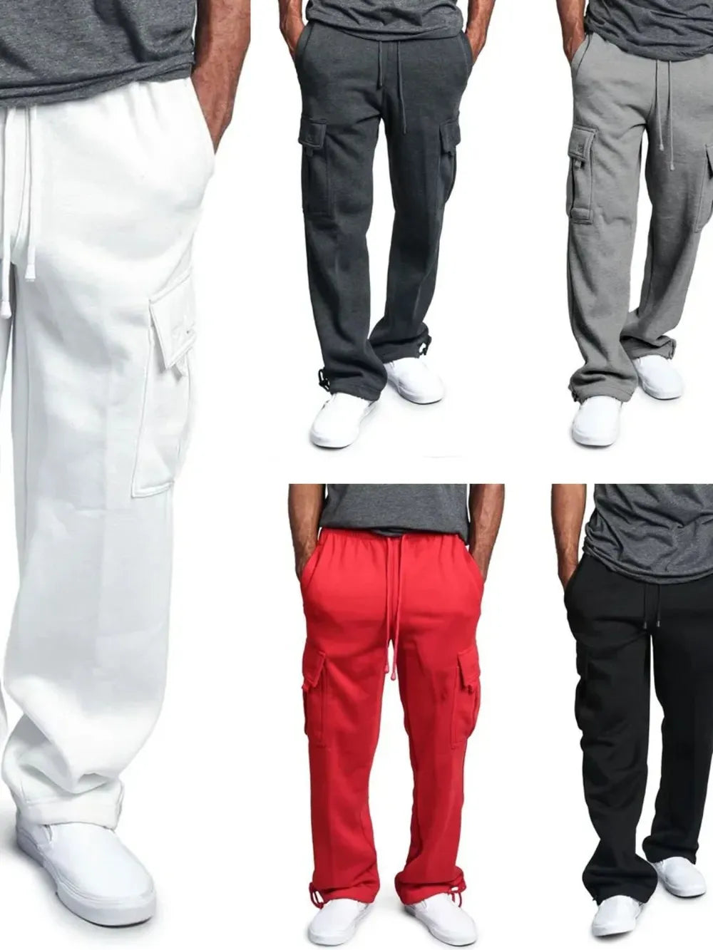 Collage of different colored casual cargo joggers pants 