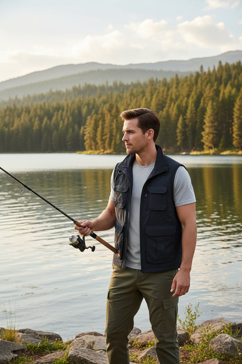 A male model wearing a Men's Fisherman Style Zip Up Vest with Pockets near a lake