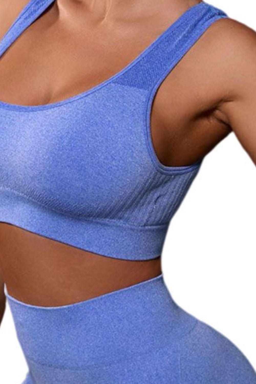 Women's Blue Cutout Back Tank and Shorts Active Set-Front Closeup