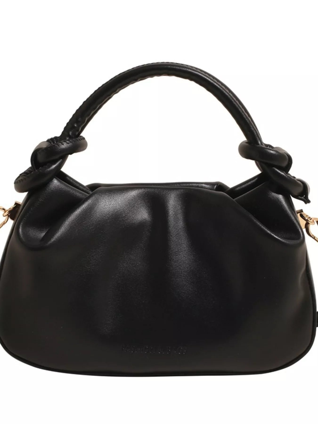 Black handbag with knotted handle on a white background