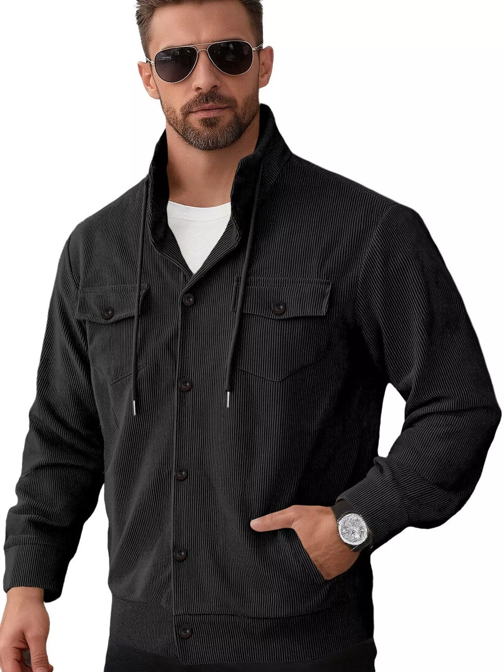 Model wearing a Men's black Casual Corduroy Chic Button-Down Jacket 